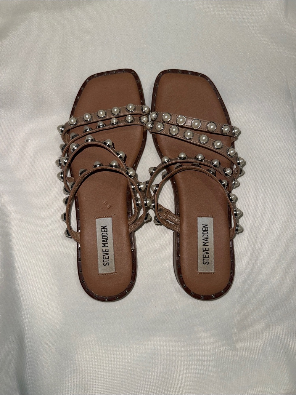Steve Madden Brown Pearl & Silver-Stud Strappy Sandals